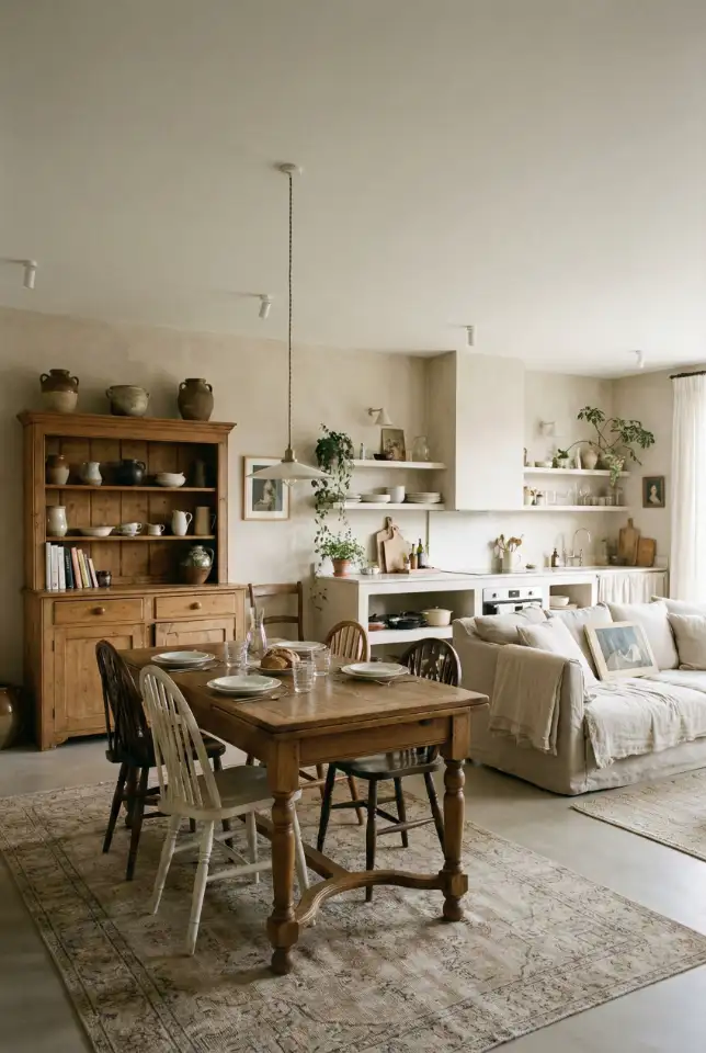 Antique-Inspired Living Room And Kitchen Pairing 1