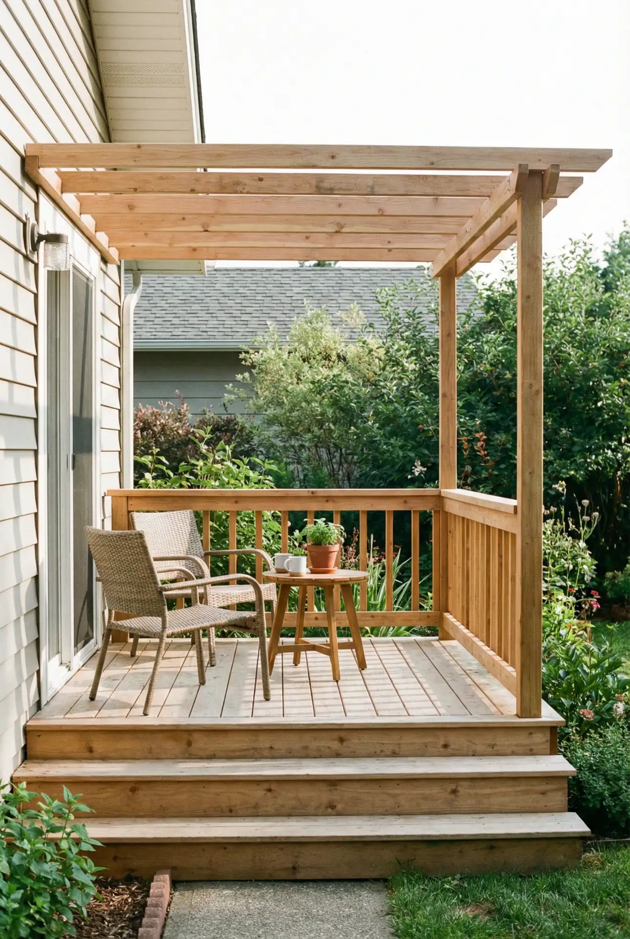 Attached Pergola With A Tiny Deck Platform And Steps 1