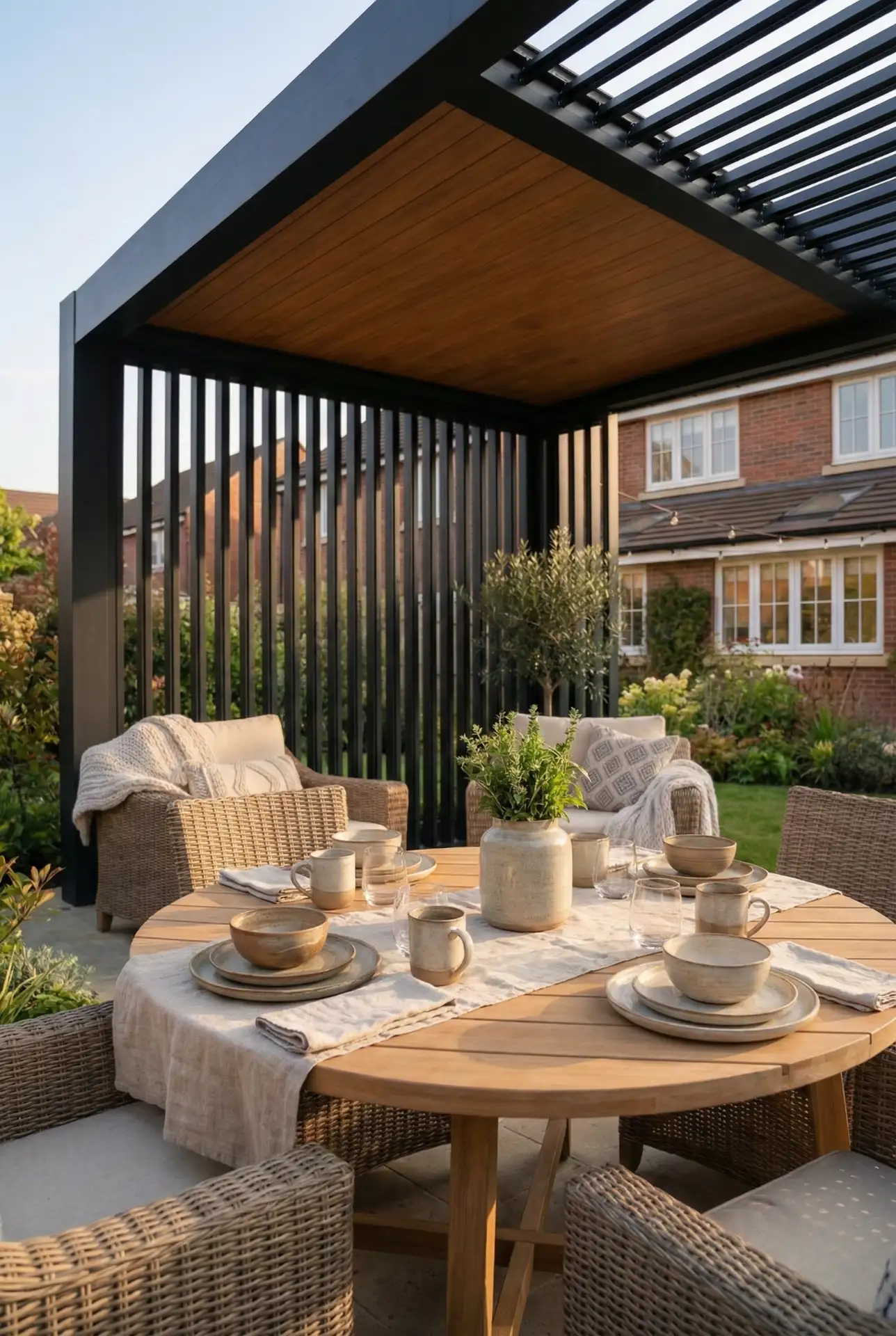 Attached Steel Pergola For Outdoor Dining On A Deck 1