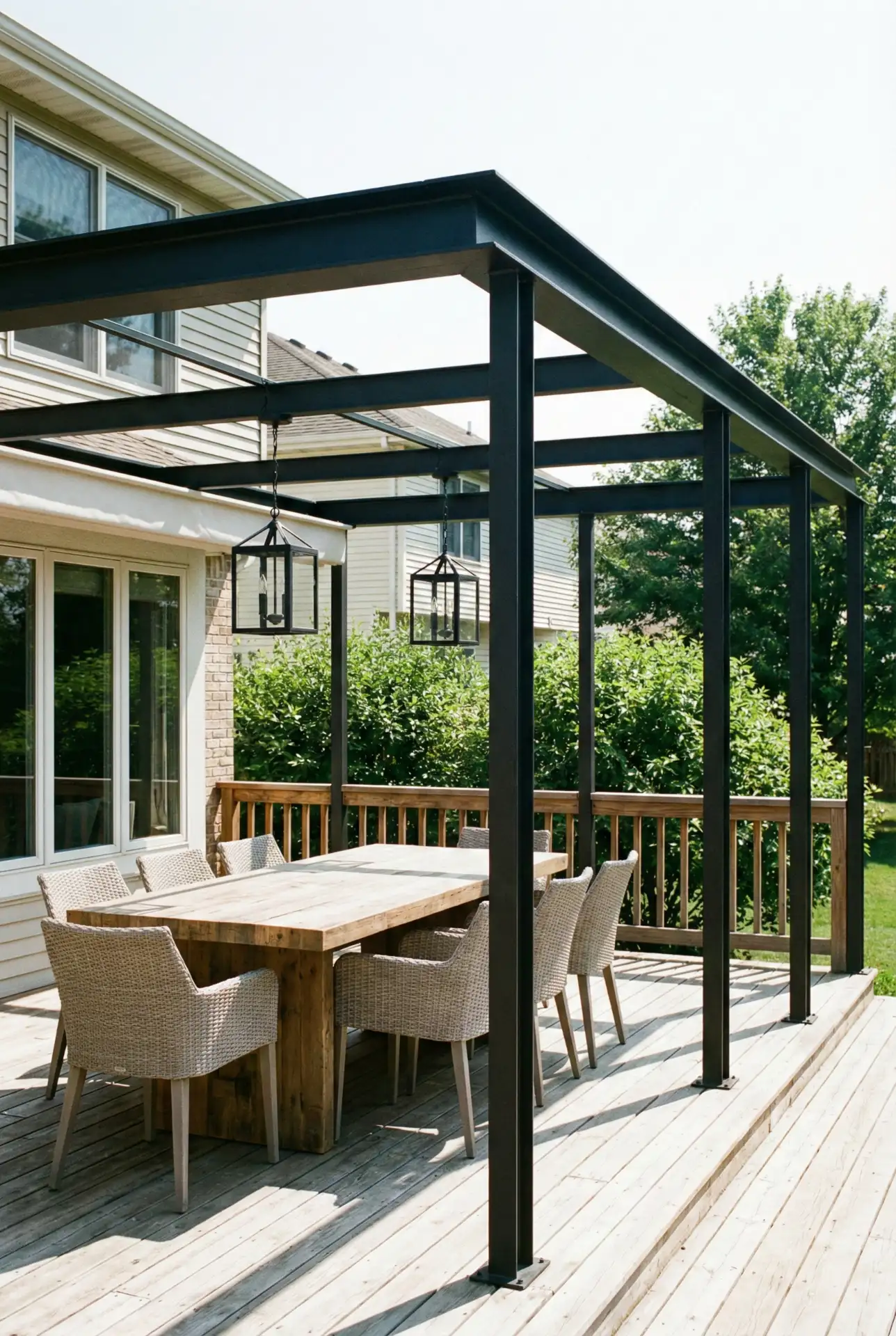 Attached Steel Pergola For Outdoor Dining On A Deck 2