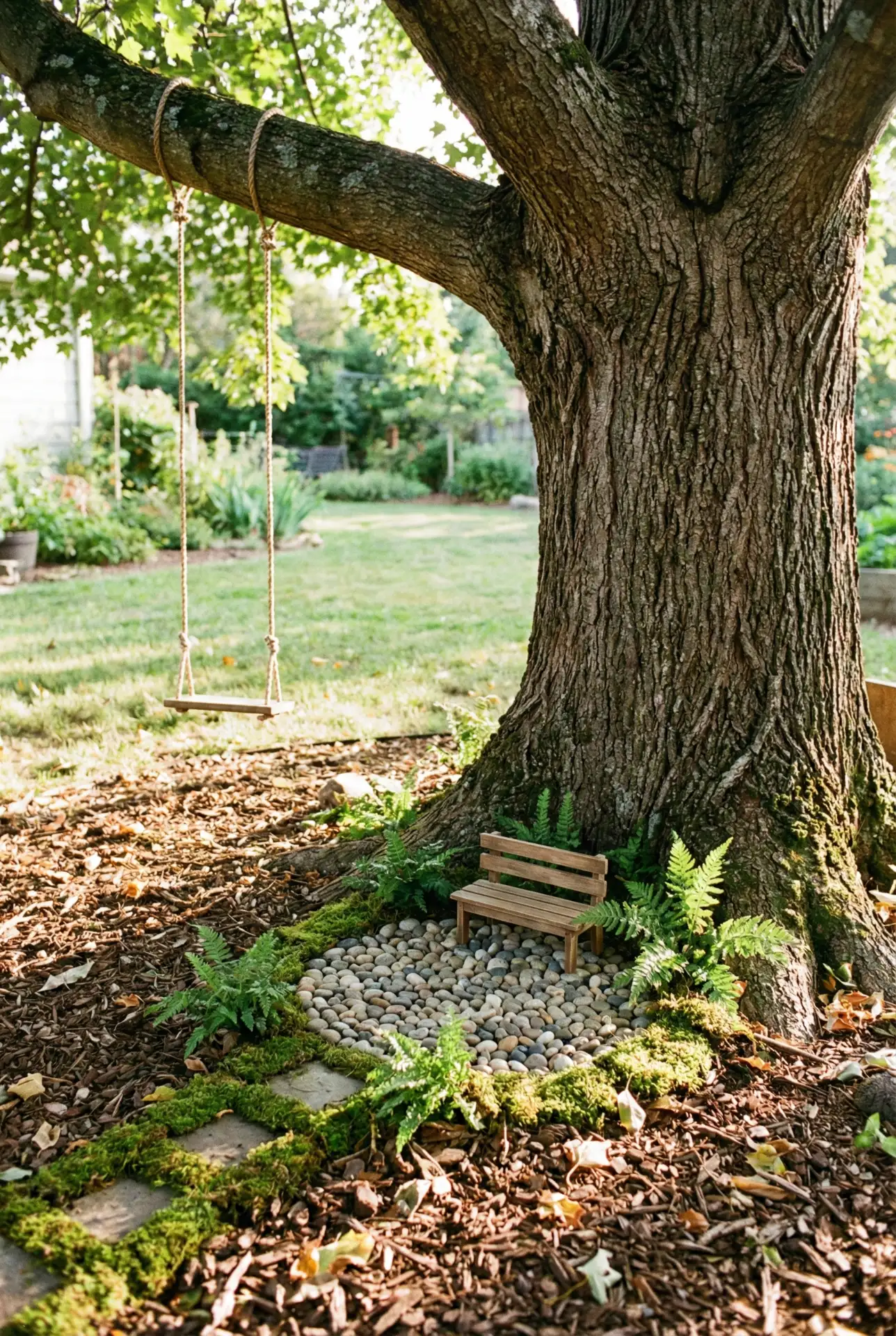 Backyard Fairy Garden Around A Tree Swing Seat 1