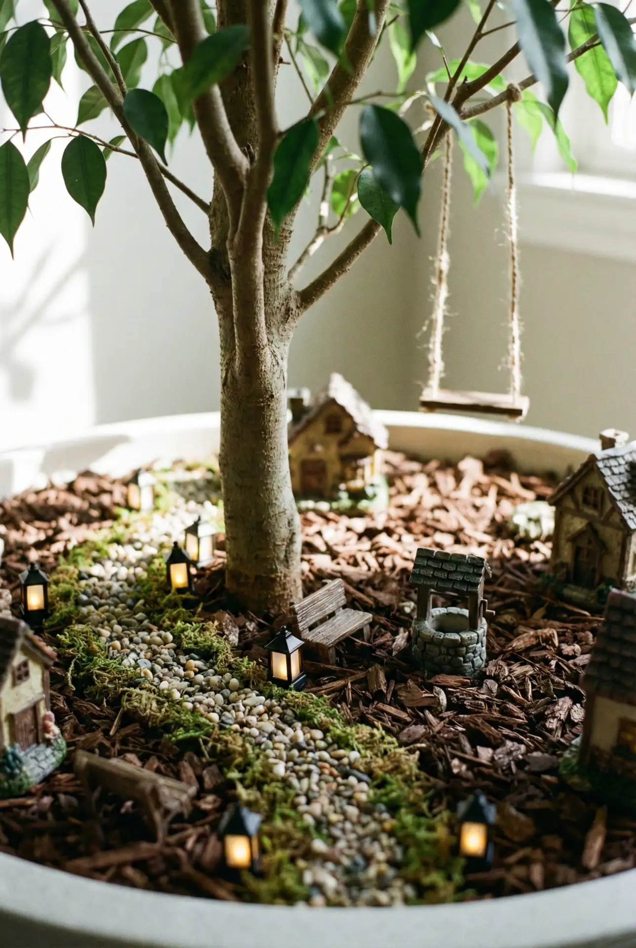 Backyard Fairy Garden Around A Tree Swing Seat 2