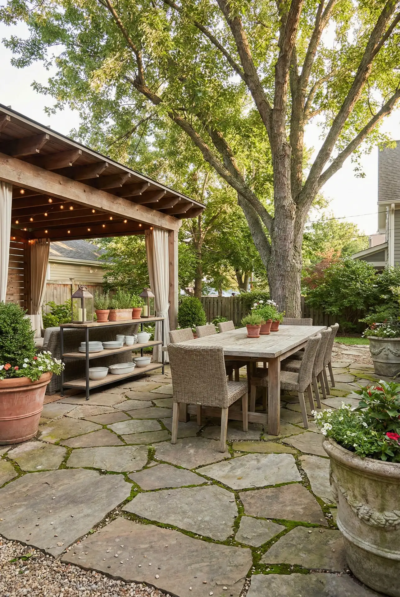 Backyard Flagstone Patio With Outdoor Dining Under A Covered Edge 2