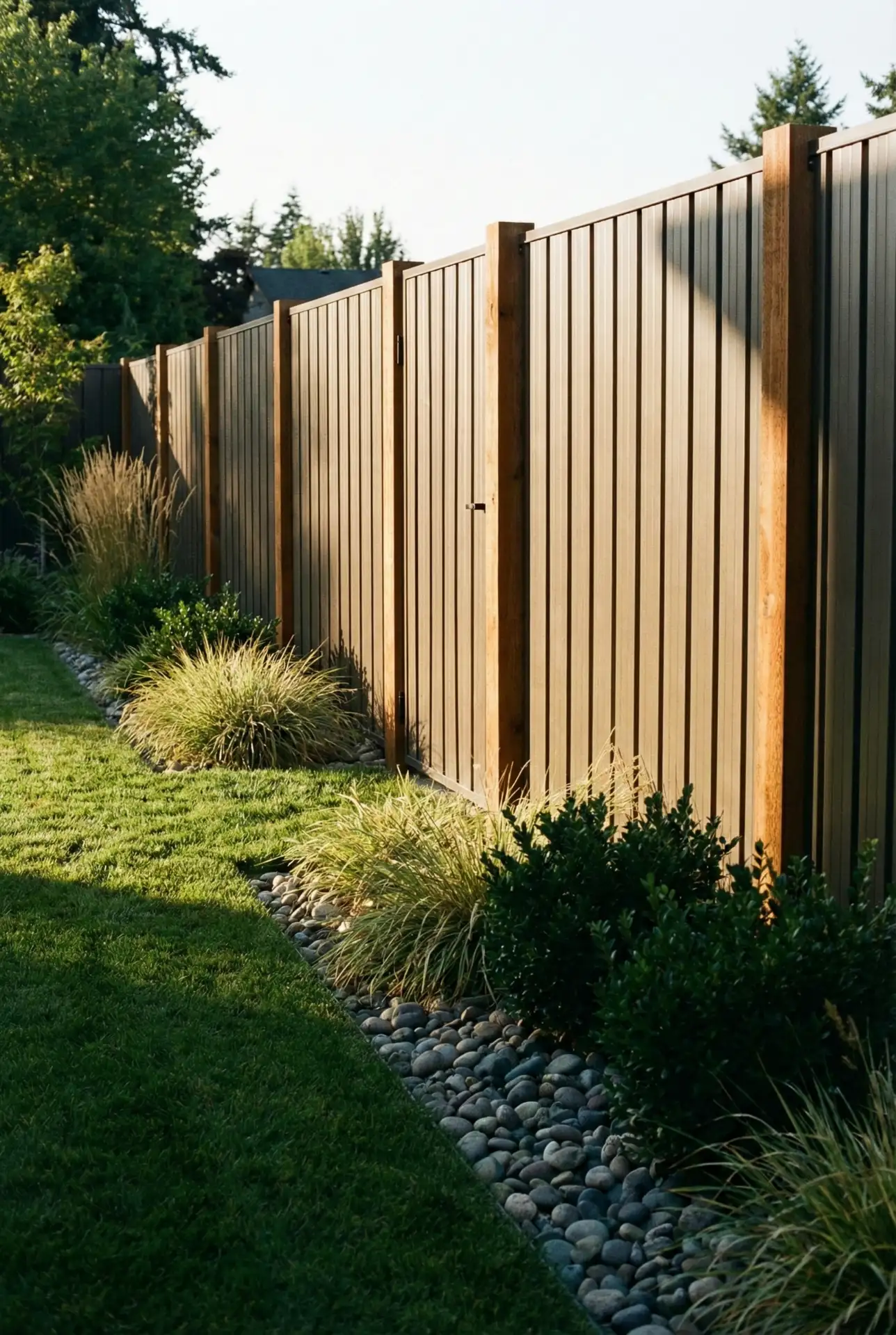 Backyard Metal Privacy Fence With Warm Wood Posts 1