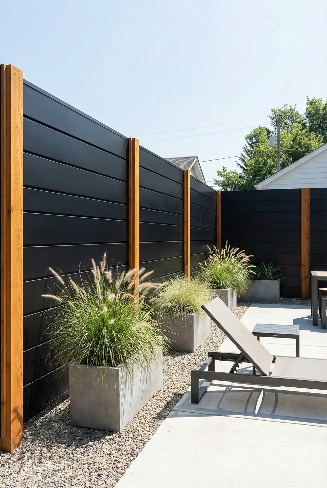 Backyard Metal Privacy Fence With Warm Wood Posts 2