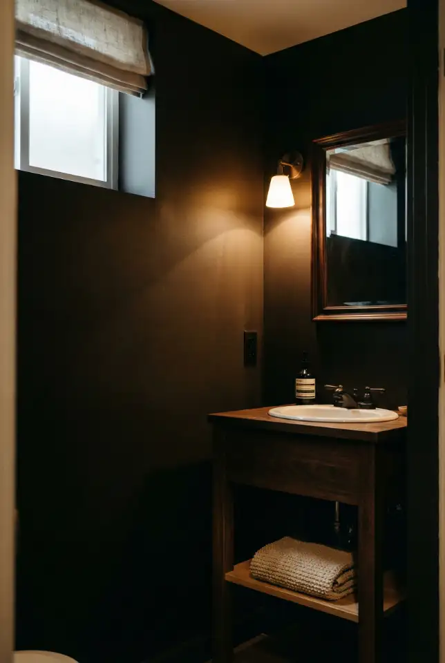 Basement Half Bath With Dark Colors and Cozy Lighting 1