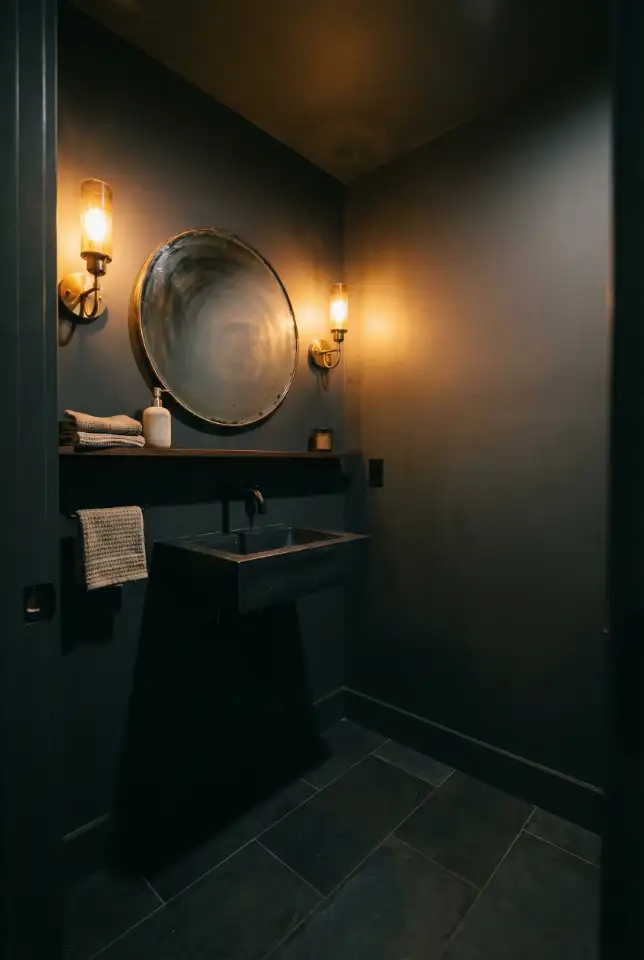 Basement Half Bath With Dark Colors and Cozy Lighting 2