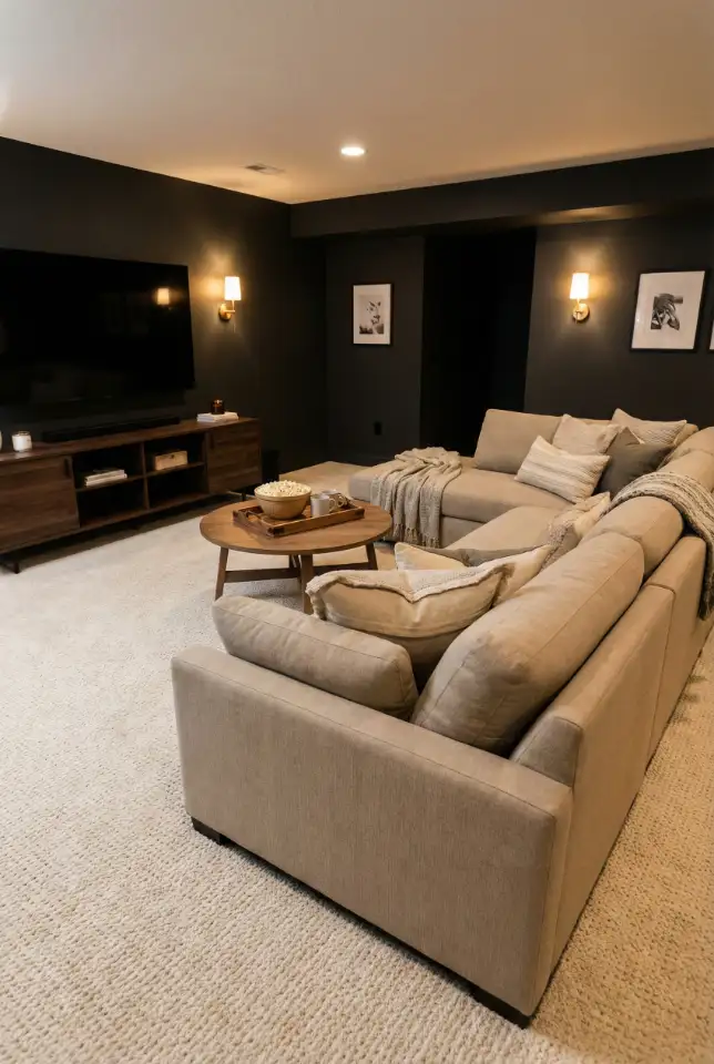 Basement Media Den With Deep Sectional 1