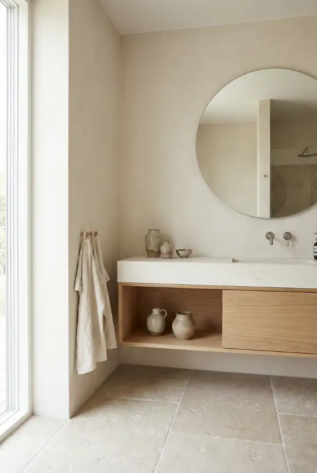 Beige Minimalist Bathroom With Layered Texture 2