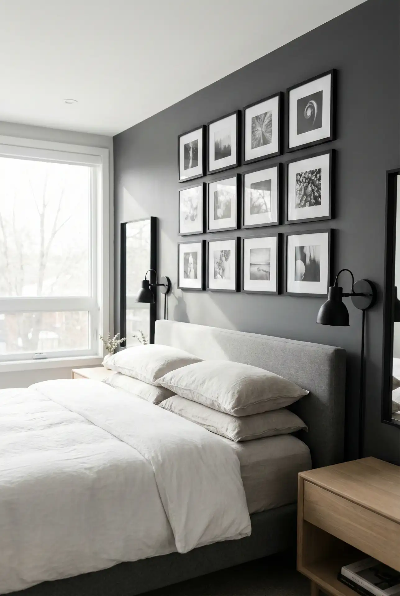 Black And White Gallery Wall In A Grey Bedroom 2