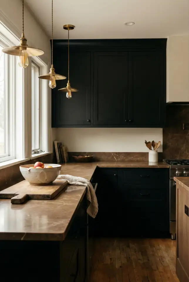 Black Cabinets With Brown Countertop For Earthy Contrast 1
