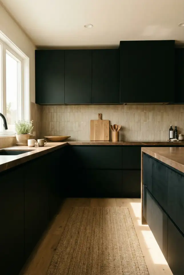 Black Cabinets With Brown Countertop For Earthy Contrast 2