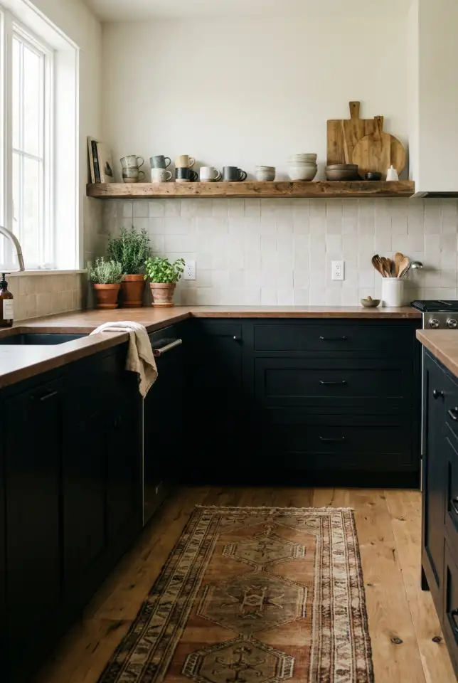 Black Cabinets With Brown Countertop and Rustic Wood Details 2