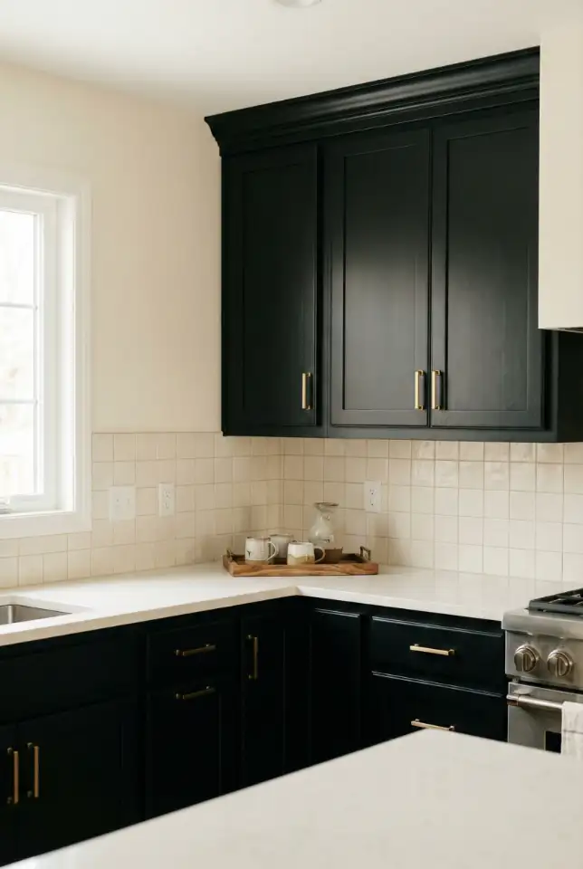 Black Cabinets With Gold Hardware and Cream Accents 1