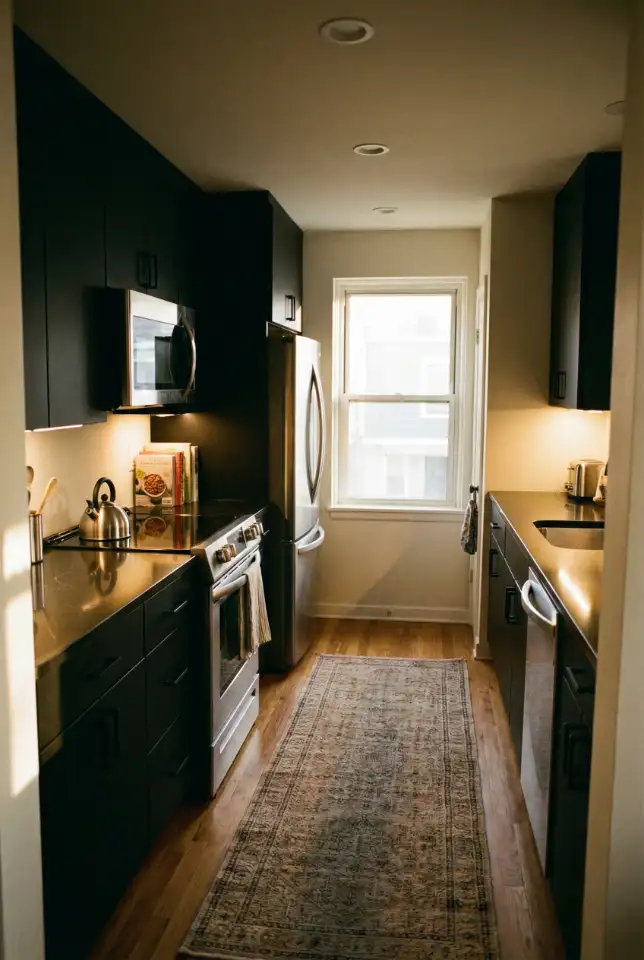 Black Cabinets With Stainless Steel Appliances In a City Apartment Kitchen 1