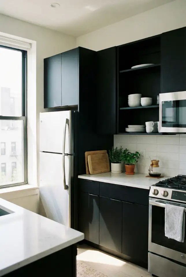 Black Cabinets With Stainless Steel Appliances In a City Apartment Kitchen 2