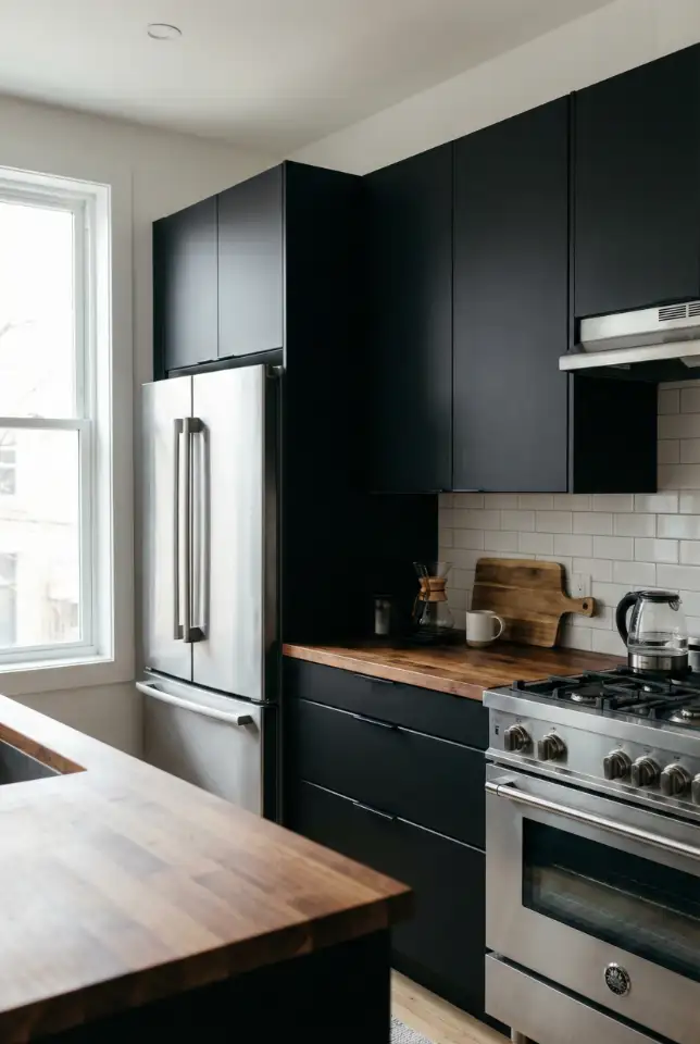 Black Cabinets With Stainless Steel Appliances + Wood Counters 1