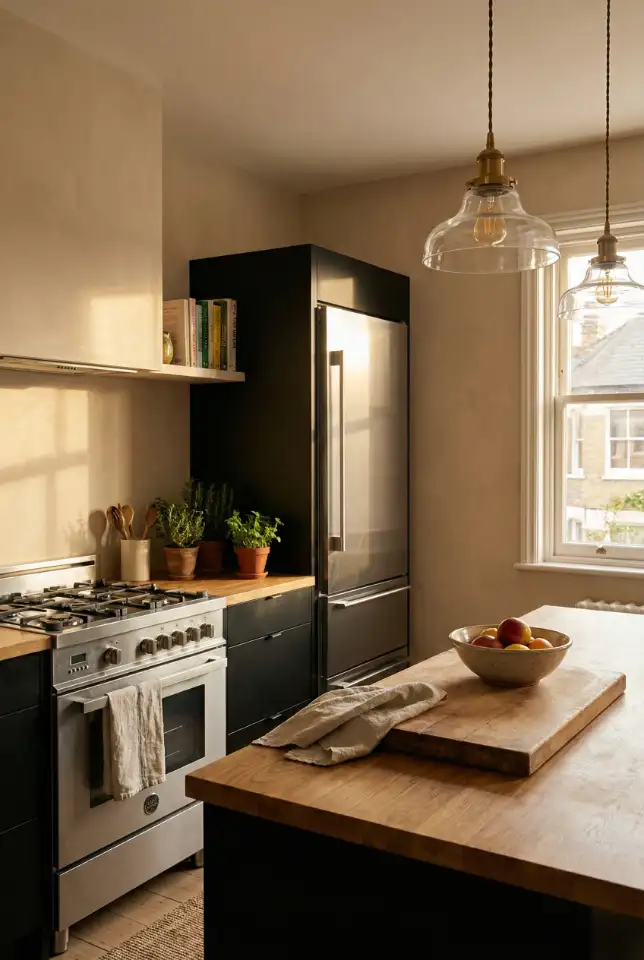 Black Cabinets With Stainless Steel Appliances + Wood Counters 2