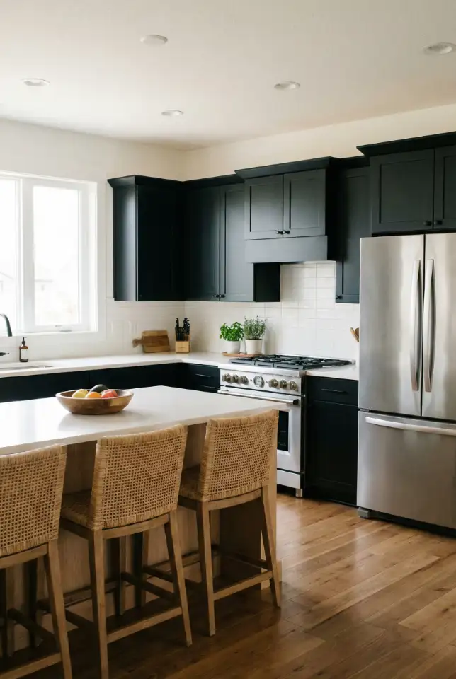 Black Cabinets With Stainless Steel Appliances in a Family-Friendly Layout 1