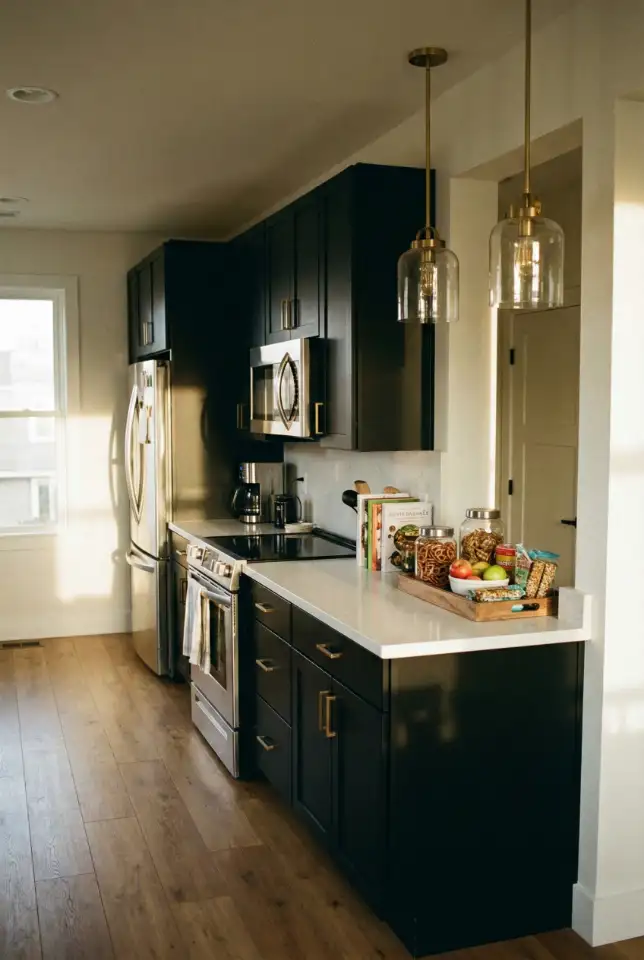 Black Cabinets With Stainless Steel Appliances in a Family-Friendly Layout 2