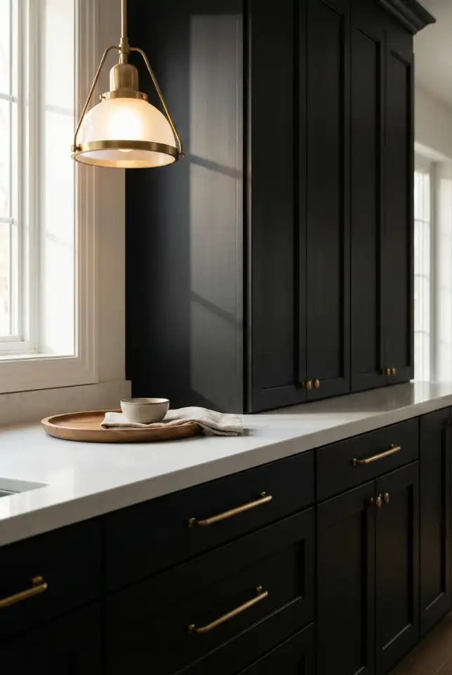 Black Cabinets With White Countertops and Bold Gold Handles 1