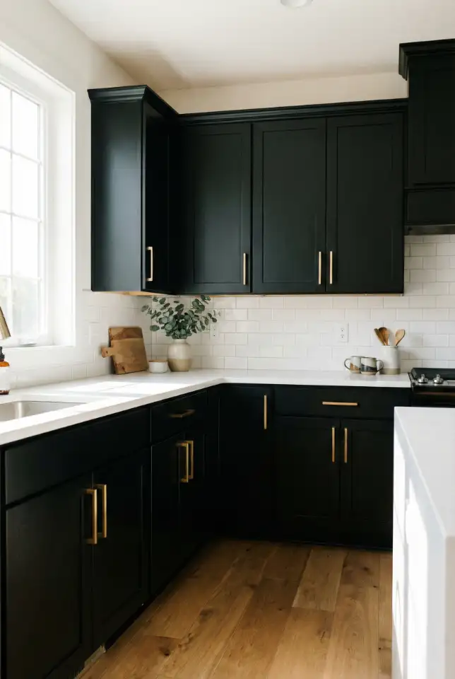 Black Cabinets With White Countertops and Bold Gold Handles 2