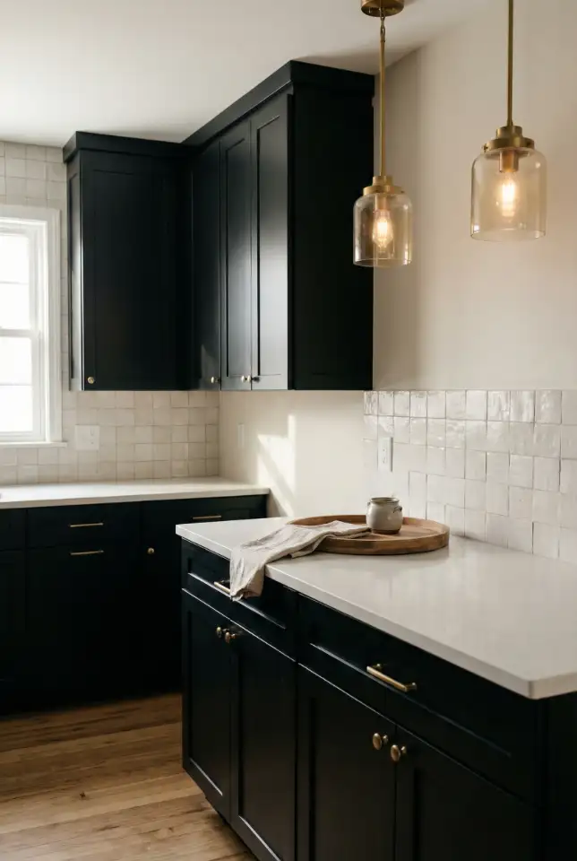 Black Cabinets With White Countertops and a Soft Matte Tile Backsplash 1