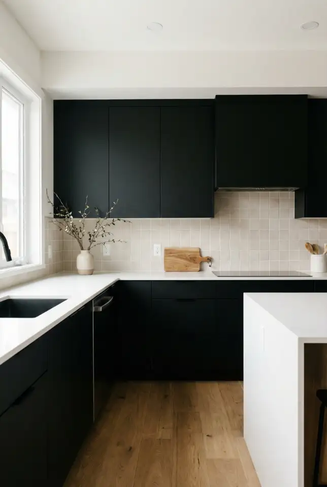 Black Cabinets With White Countertops and a Soft Matte Tile Backsplash 2