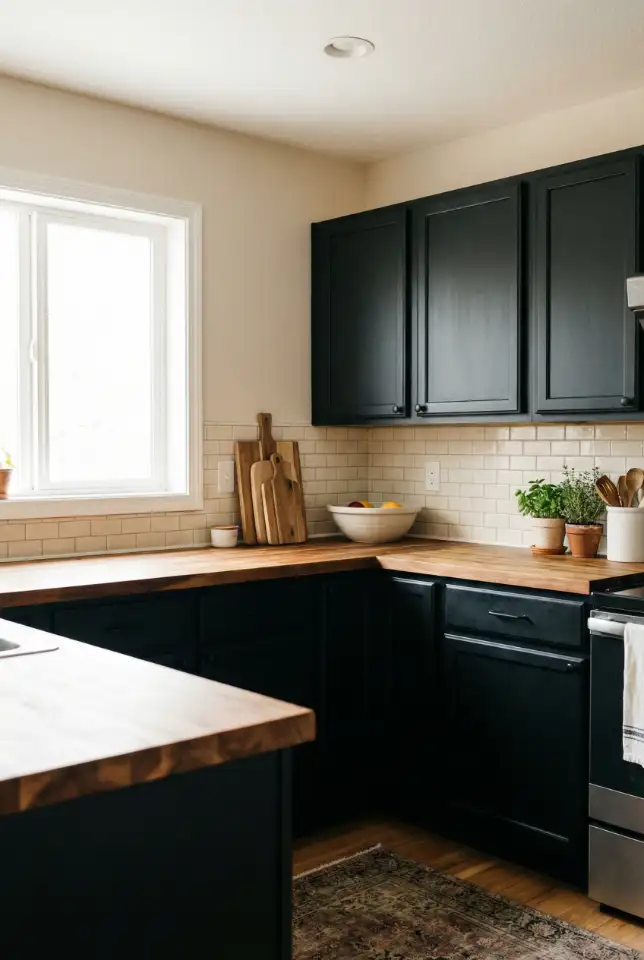Black Cabinets With Wood Countertops and a Warm Neutral Backsplash 1