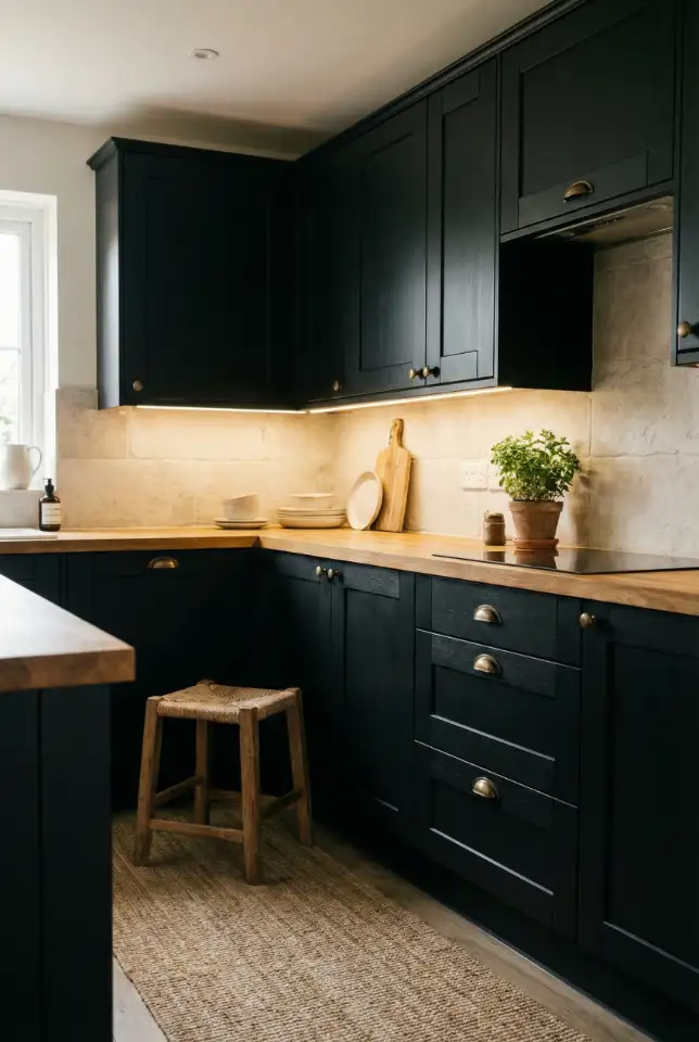 Black Cabinets With Wood Countertops and a Warm Neutral Backsplash 2