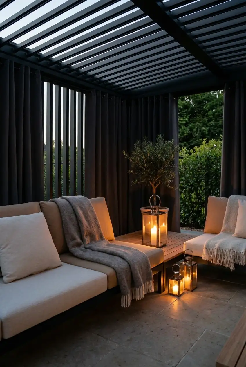Black Pergola Frame With Enclosed Curtains For A Lounge Zone 1