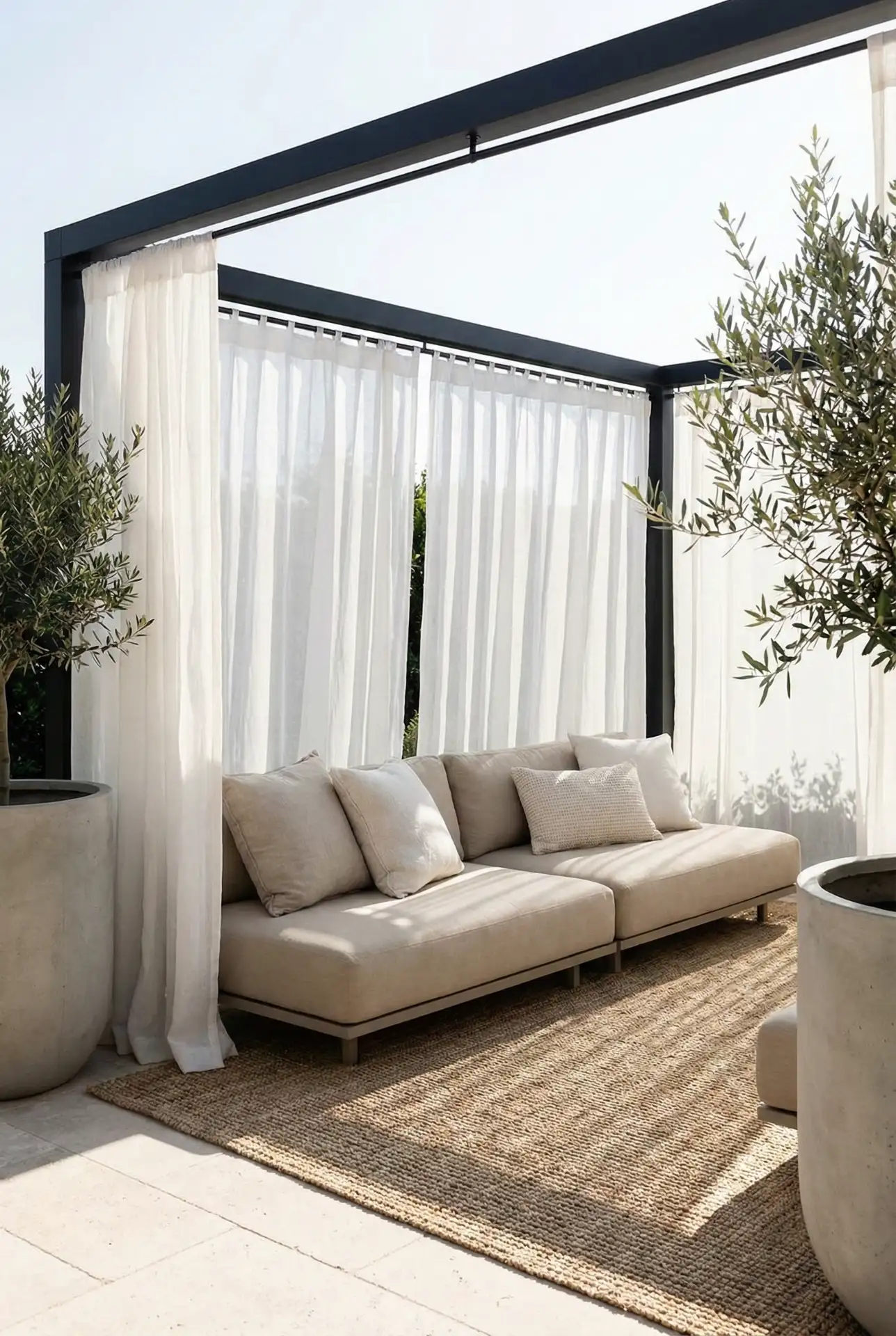 Black Pergola Frame With Enclosed Curtains For A Lounge Zone 2