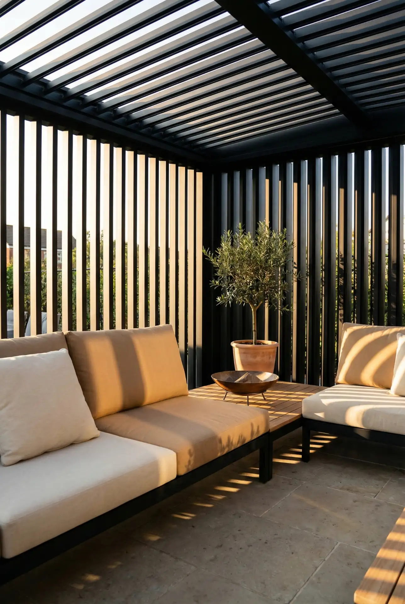 Black-Slat Modern Pergola Over A Compact Patio 2