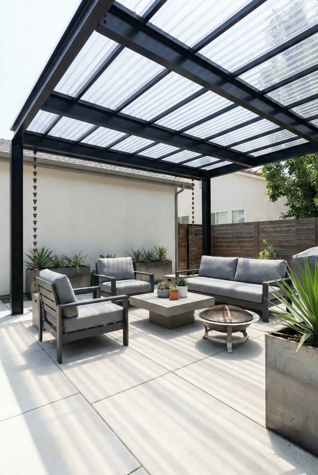 Black Steel Pergola With Roof Panels For A Weather-Ready Patio 1