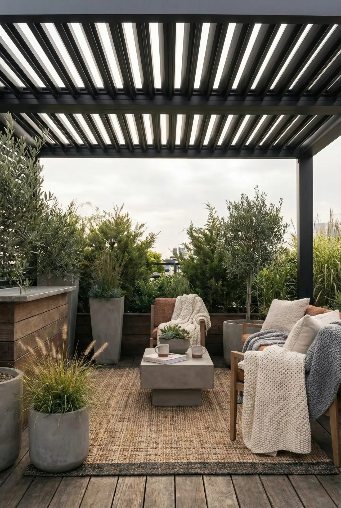 Black Steel Pergola With Roof Panels For A Weather-Ready Patio 2