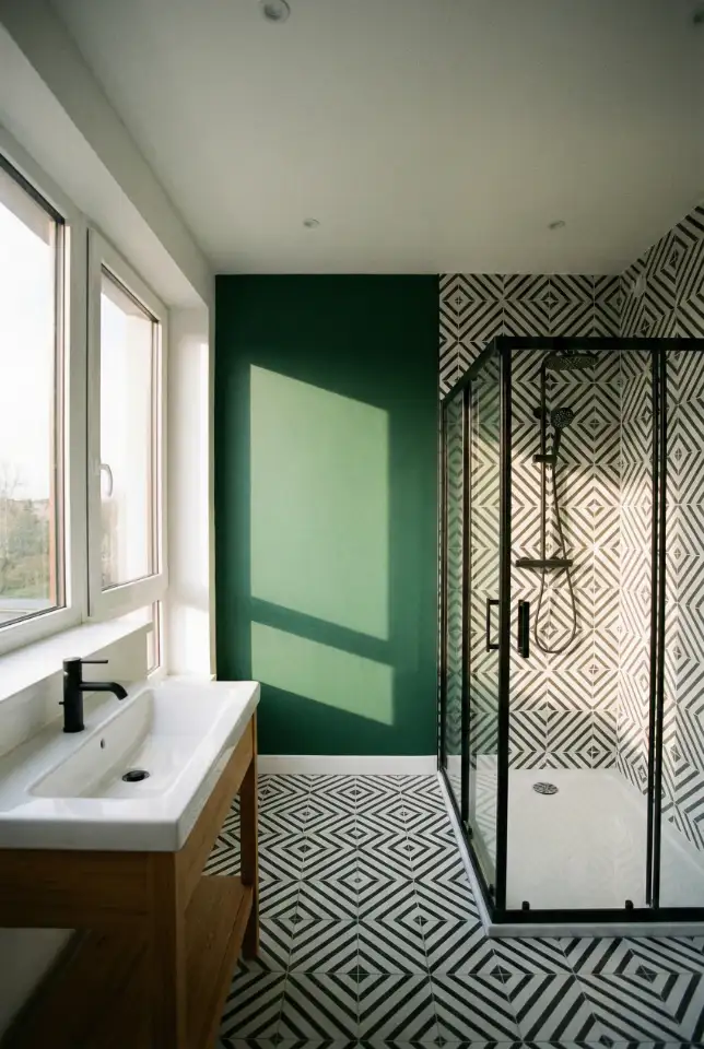 Black White And Green Bathroom With Graphic Tile Style 1