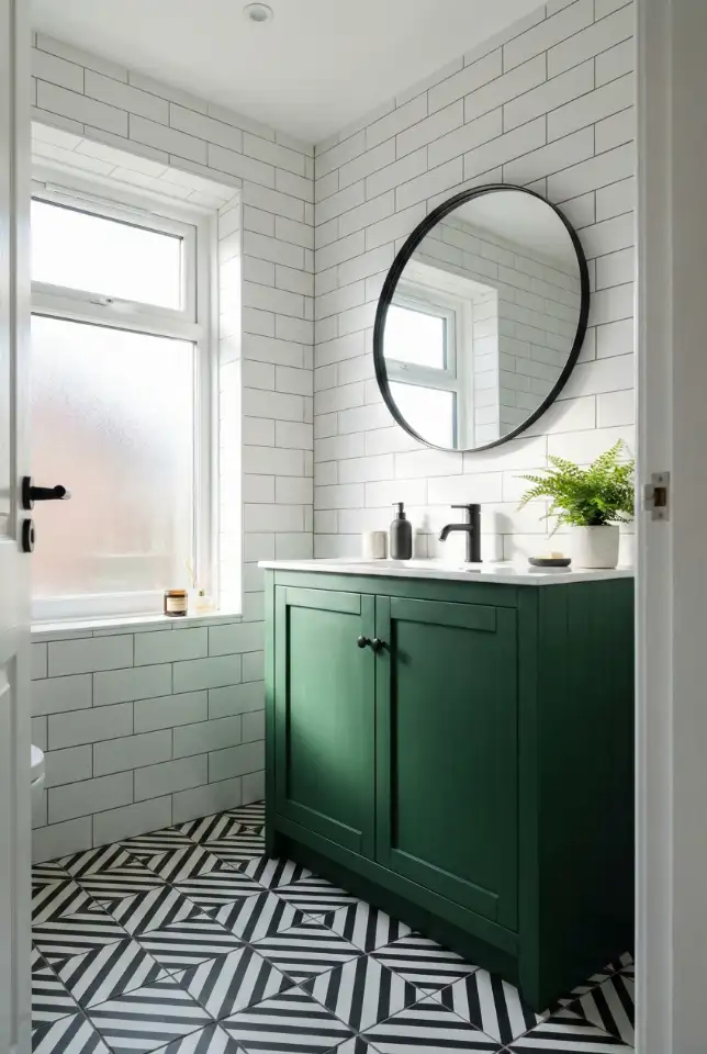 Black White And Green Bathroom With Graphic Tile Style 2