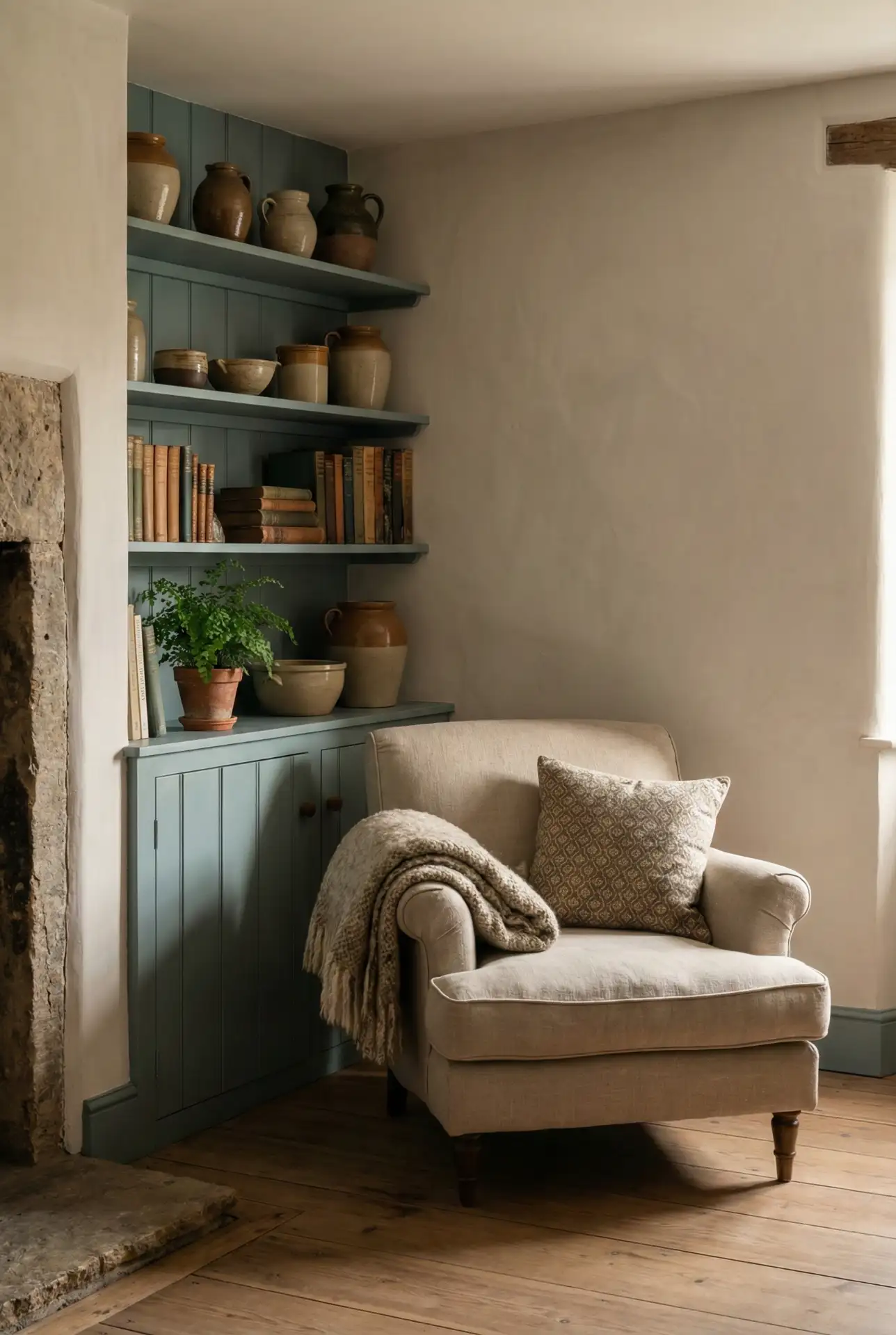Bloxburg Cottage Fireplace Corner With Blue-Green Built-Ins 1