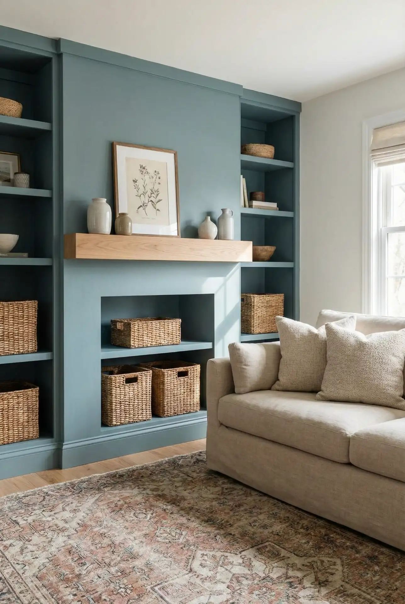 Bloxburg Cottage Fireplace Corner With Blue-Green Built-Ins 2