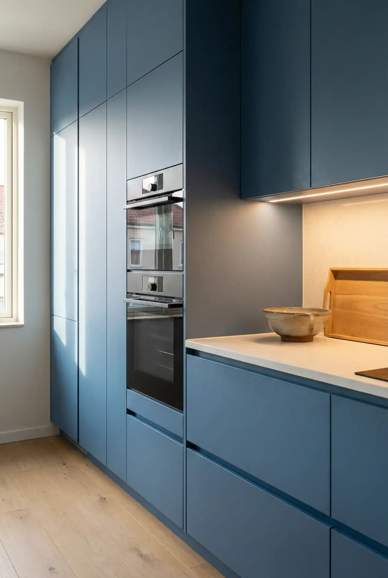 Blue Cabinets Ideas With Grey Appliance Wall 1