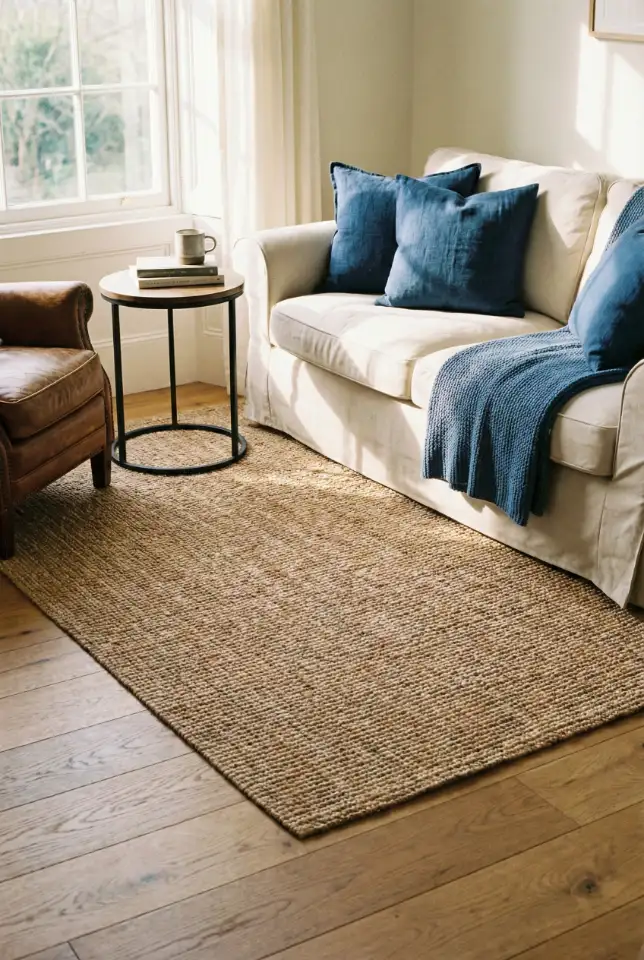 Blue Farmhouse Layers With Patterned Rug 1