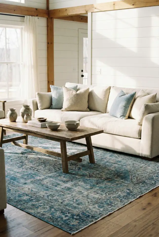 Blue Farmhouse Layers With Patterned Rug 2