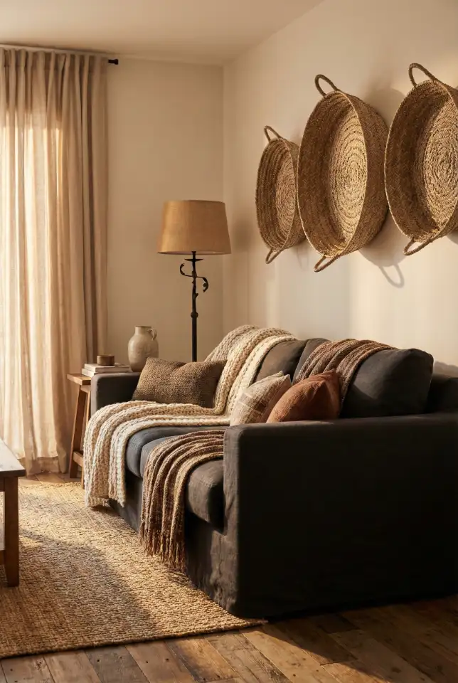 Boho Farmhouse With A Dark Couch Balance 1