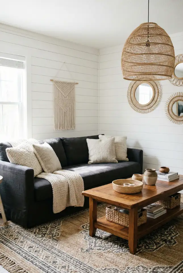 Boho Farmhouse With A Dark Couch Balance 2