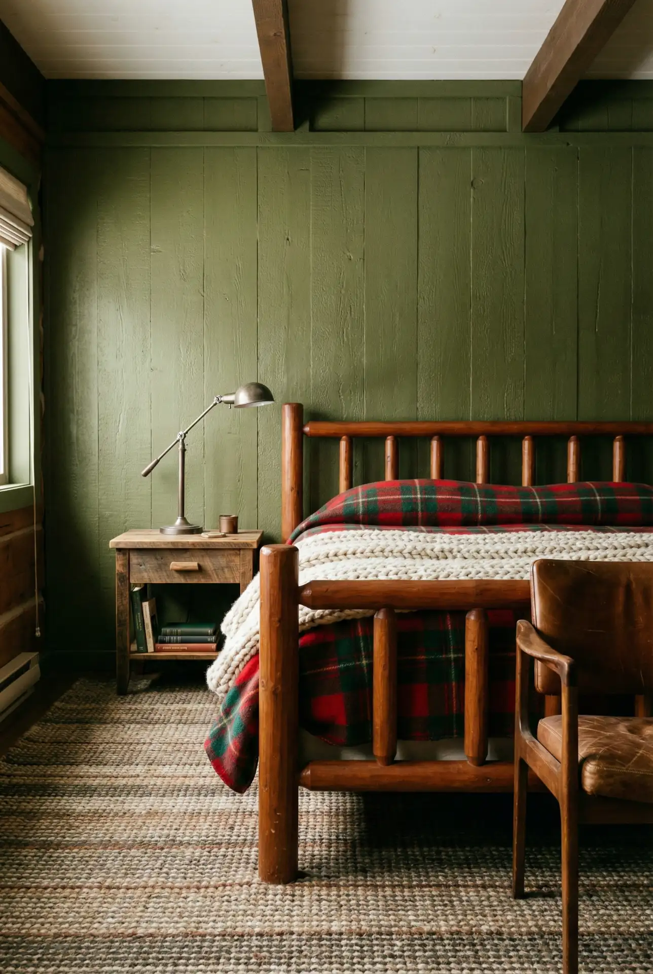 Brown And Green Cabin-Style Bedroom With Cozy Texture 2