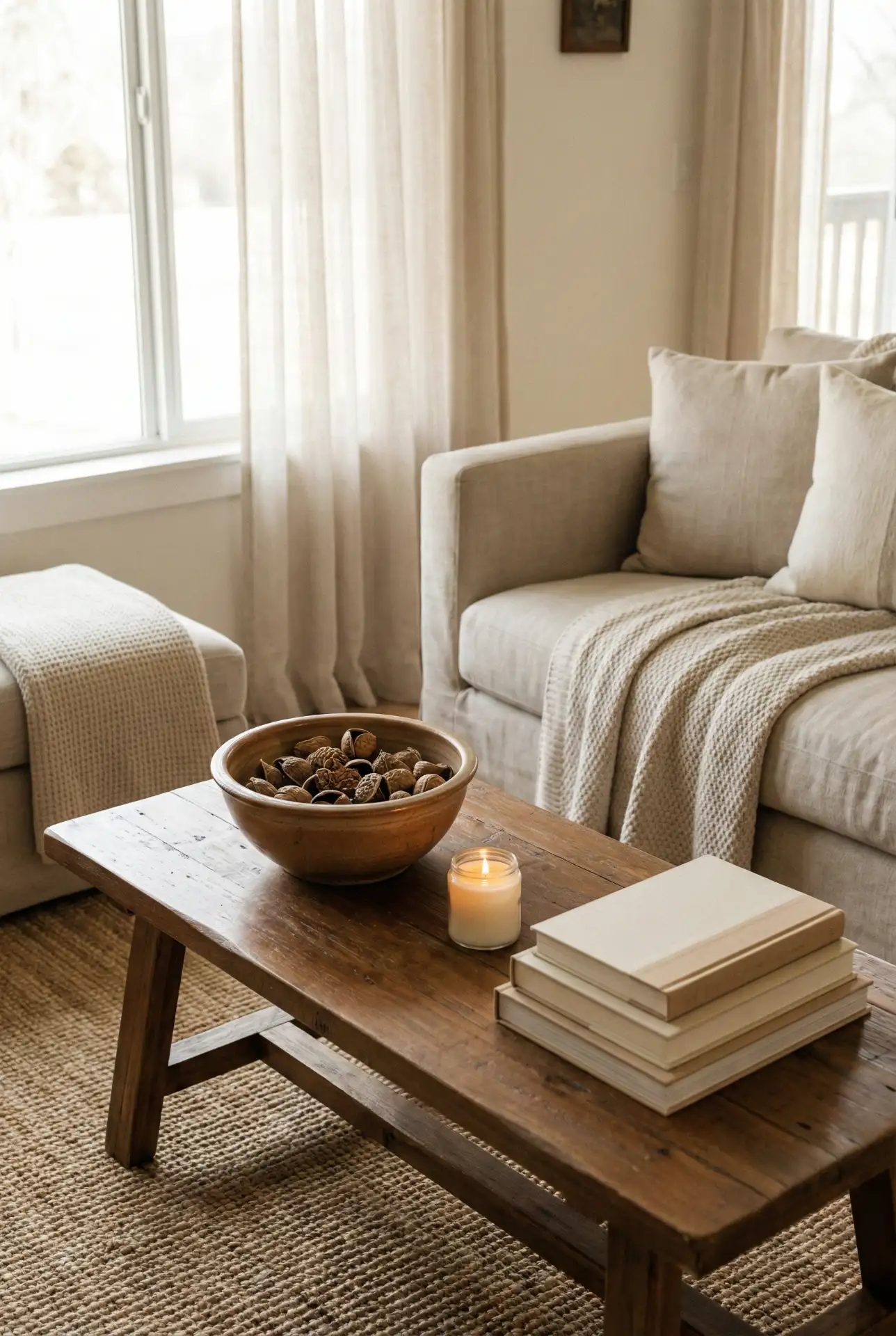 Brown Wood Coffee Table with Round Bowl Centerpiece 2