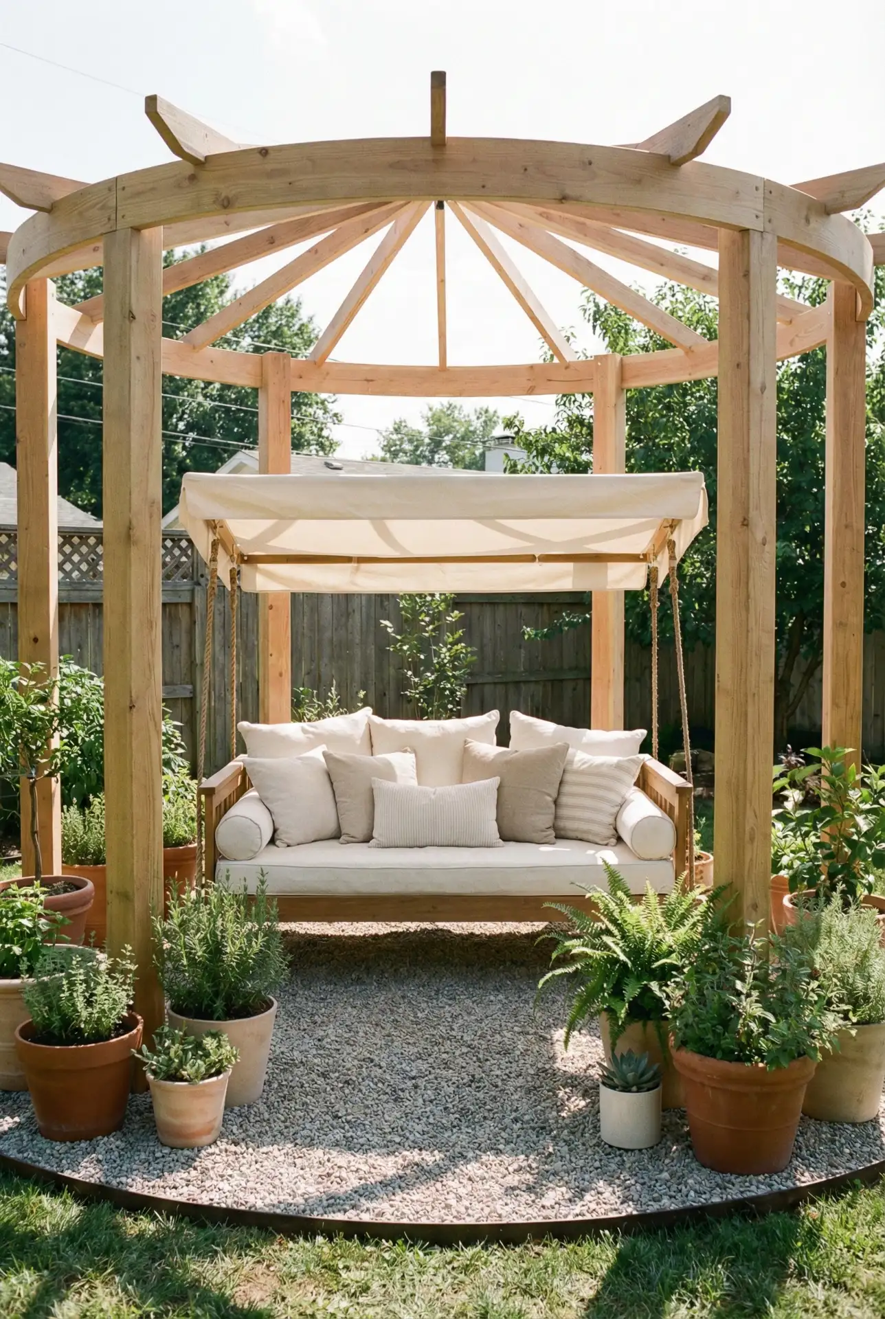 Budget Round Pergola Kit With A Swing Daybed 1