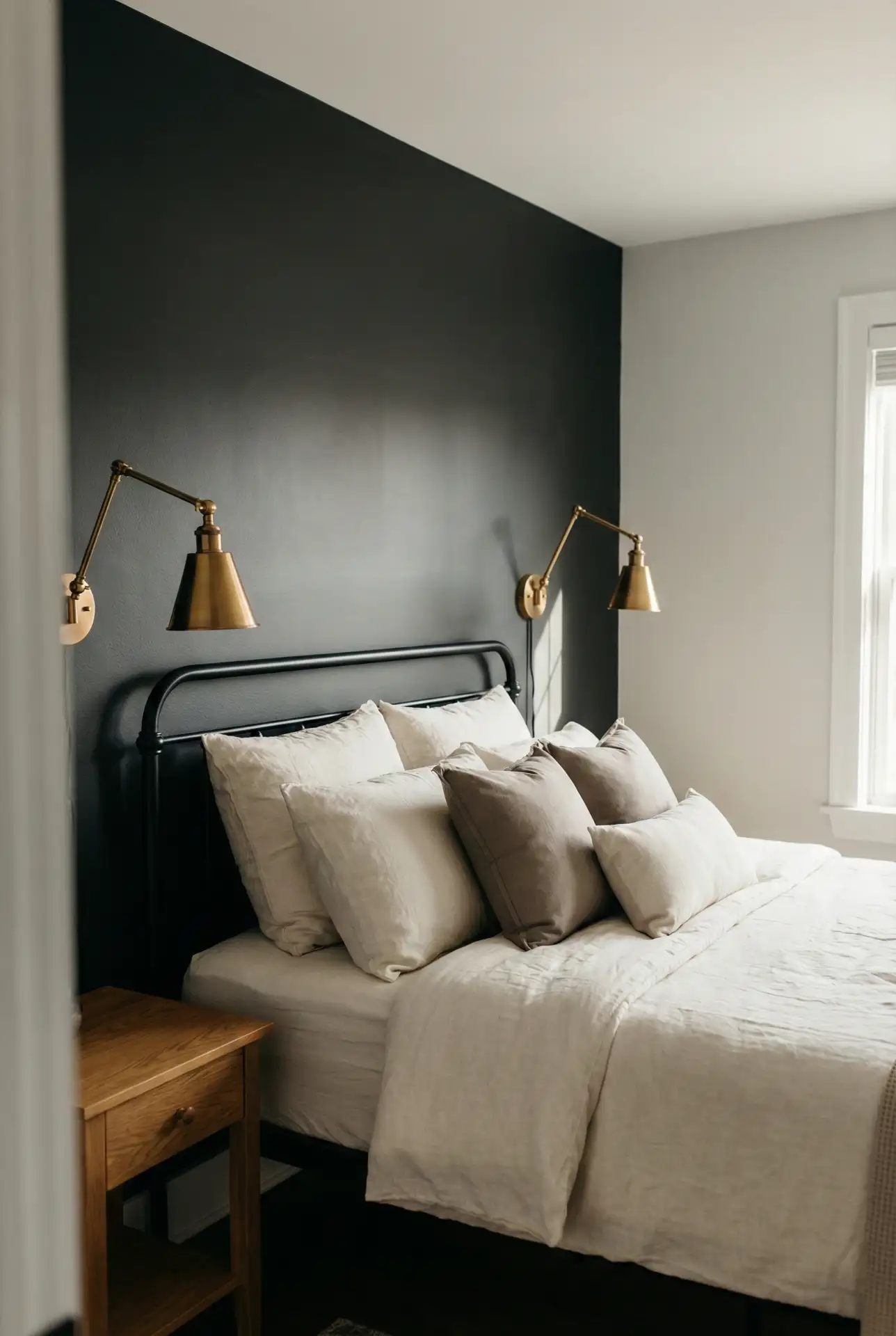 Charcoal Accent Wall With Warm Cream Bedding 1
