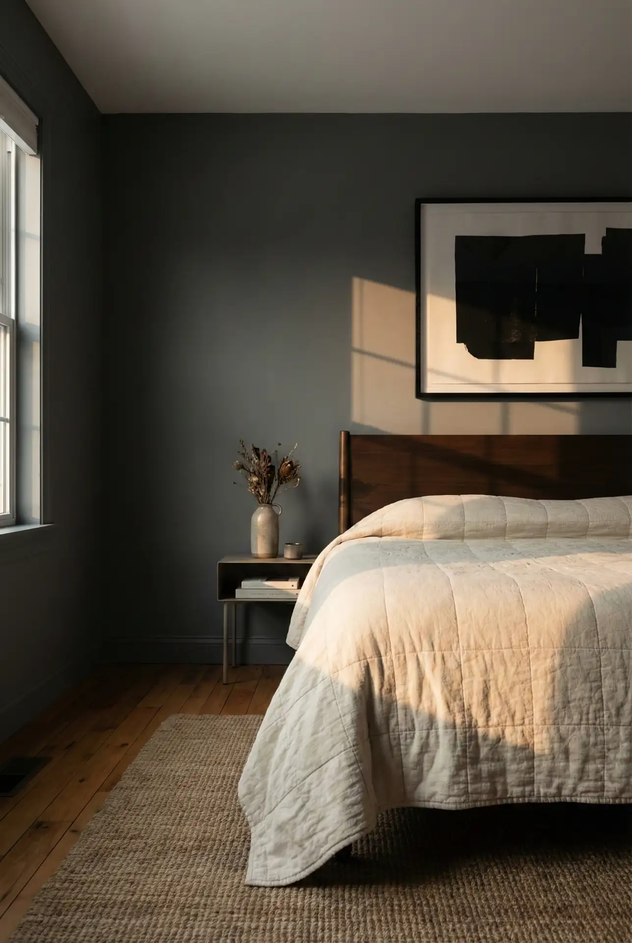 Charcoal Accent Wall With Warm Cream Bedding 2