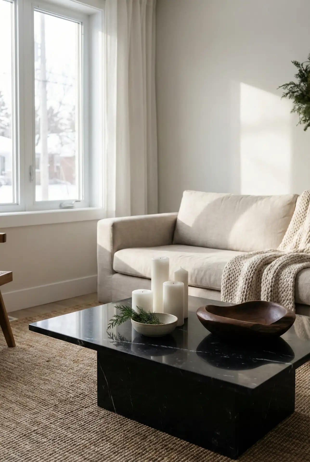 Christmas Black Marble Table with Minimal Candle Grouping 1